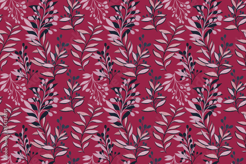 Burgundy pattern with creative branches, abstract shapes leaves. Stylized artistic floral stems seamless printing. Vector hand drawing illustration. Designs for fabric, cover, textiles, fashion