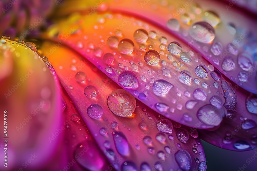 A close-up view of a vivid flower petal adorned with sparkling dew drops. A close-up view of a vivid flower petal adorned with sparkling dew drops.