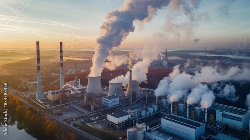 An aerial view of a large industrial power plant with smoke billowing from its chimneys at sunrise. The plant is located in a rural area, and the surrounding landscape is visible in the background.