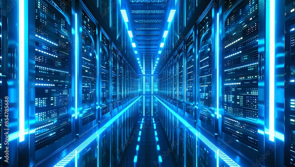 Futuristic Data Center with Black Server Racks and Blue Lights Futuristic Data Center with Black Server Racks and Blue Lights