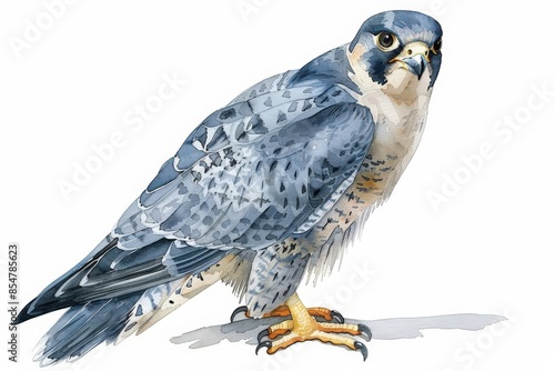 A peregrine falcon clipart, perched with keen eyes, watercolor illustration, sleek grays, isolated on white background