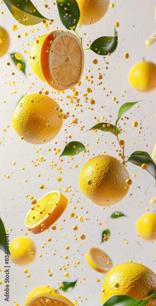 Bright yellow lemons and green leaves float with bubbling lemon juice, evoking a sense of freshness and purity Bright yellow lemons and green leaves float with bubbling lemon juice, evoking a sense of freshness and purity