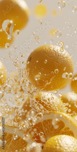 Close-up of a lemon immersed in sparkling liquid, capturing the momentary dance of bubbles around the fruit