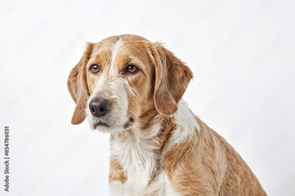 Portrait of a Brown and White Dog with White Fur on the Chest and a Brown Ear Portrait of a Brown and White Dog with White Fur on the Chest and a Brown Ear