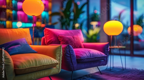 Colorful Modern Living Room with Vibrant Lighting and Cozy Seating