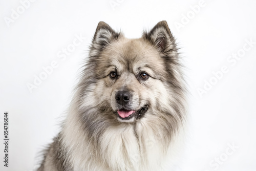 Portrait of a white and gray fluffy dog with brown eyes, looking directly at the camera, against a white background.