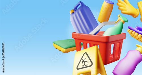 3D set of home cleaning tools isolated. Render collection of accessories for washing dishes and house cleaning. Bottle of detergent, soap gloves. Bucket, brush sponge. Vector illustration