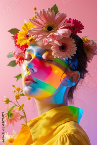 Portrait of a woman featuring a crown of vibrant flowers and colorful rainbow light stripes on her face