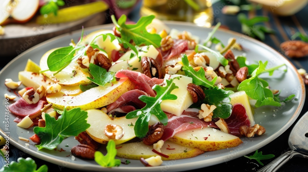 Pear ham cheese and nut salad with a traditional twist Pear ham cheese and nut salad with a traditional twist