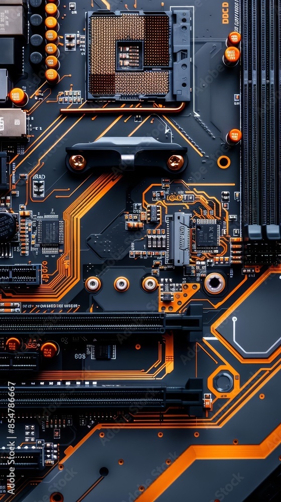 Fototapeta premium Close-up of a computer motherboard with intricate circuitry and components.