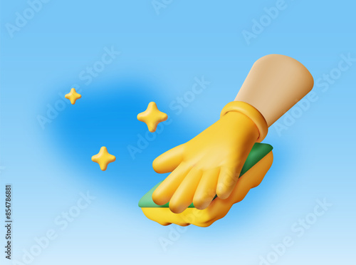 3D hand in gloves with sponge wash wall. Render cleaning service concept. Washing sponge. Kitchenware scouring pads. Kitchen and bath cleaning tool accessories. Vector illustration