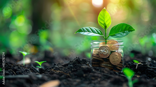Wallpaper Mural Green plant sprouts growing on stacked coins, symbolizing investment and financial growth, saving money Torontodigital.ca