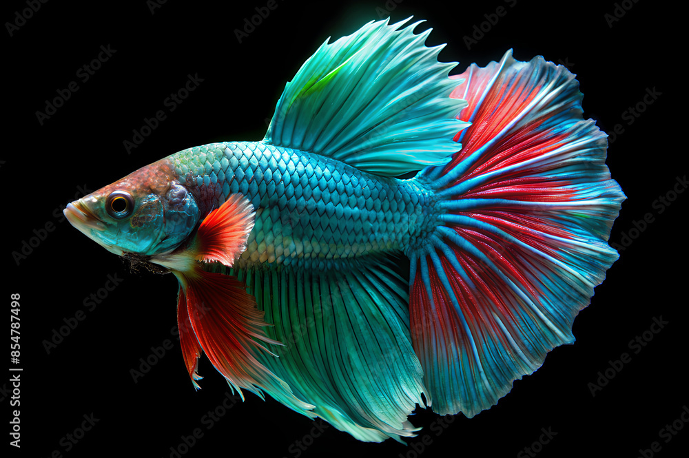 Fototapeta premium Siamese fighting fish, emerald betta isolated on black background.