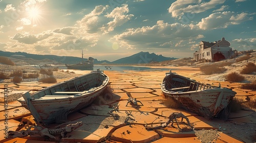 Dry and cracked ground, two dilapidated wooden boats, animal remains and bones, ruins of distant houses, distant mountains, sunlight shining on the ground. Generative AI.