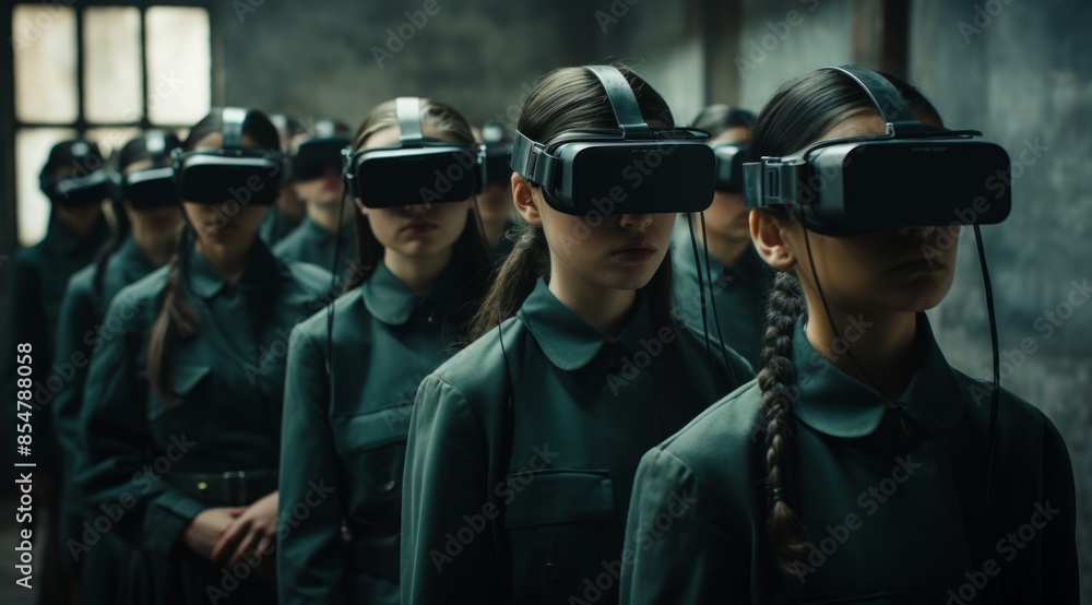 Individuals look up, engrossed by their virtual reality headsets, standing in a derelict building Individuals look up, engrossed by their virtual reality headsets, standing in a derelict building