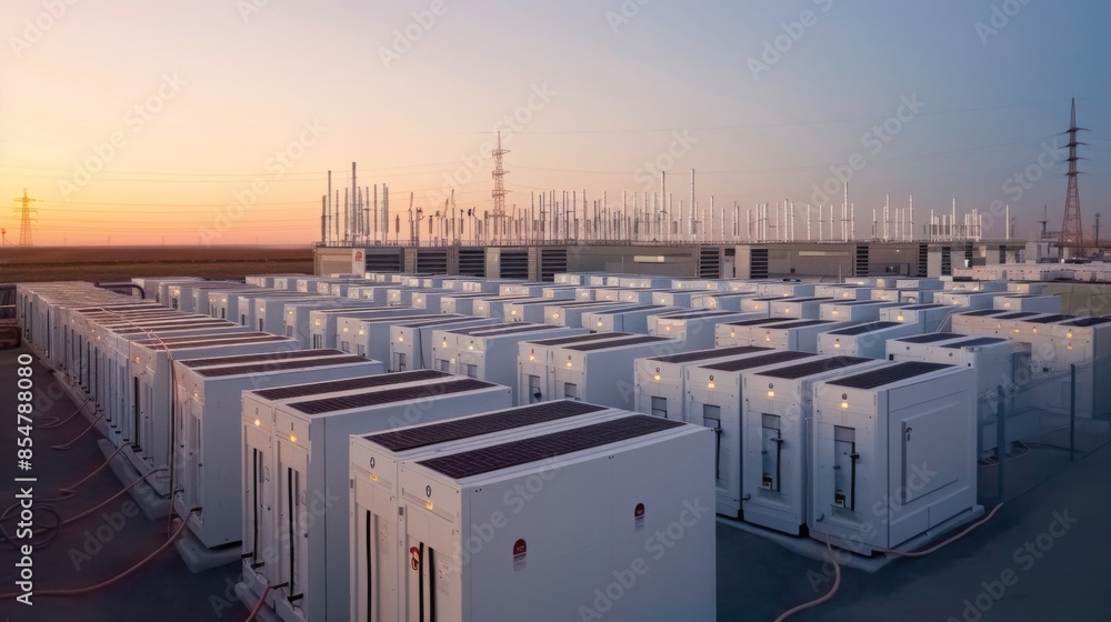 A large-scale battery storage facility is shown at sunset, with rows of white units arranged on a paved surface. Power lines and a building are visible in the background.