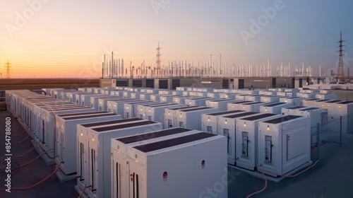 Obraz na płótnie A large-scale battery storage facility is shown at sunset, with rows of white units arranged on a paved surface. Power lines and a building are visible in the background. w salonie