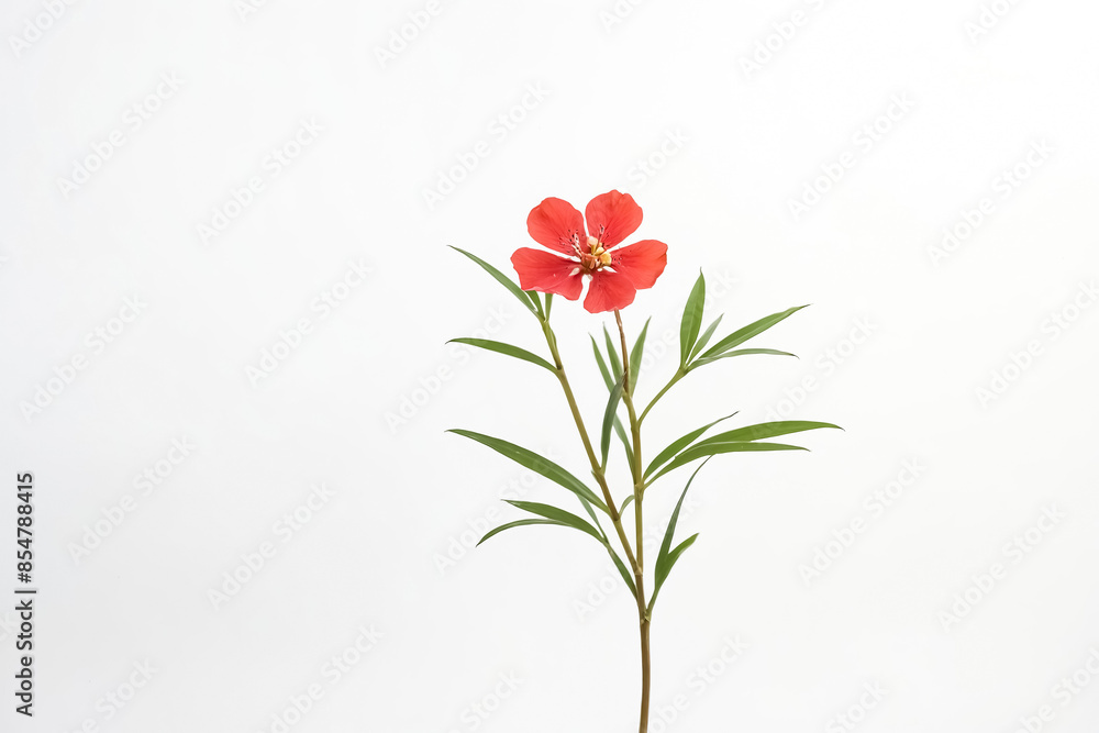 Single Red Flower with Green Leaves on White Background Single Red Flower with Green Leaves on White Background