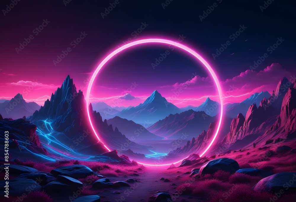 Mountain terrain landscape with pink and blue neon light glowing triangle dome sphere wireframe frame, retro technology or futuristic alien background template, 3D illustration Mountain terrain landscape with pink and blue neon light glowing triangle dome sphere wireframe frame, retro technology or futuristic alien background template, 3D illustration