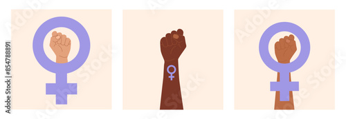 Set of square рostcard with a symbol of feminism, a clenched fist raised up by women with different skin colors. Mirror of Venus. National Women's Equality Day, USA. Flat vector illustration EPS10