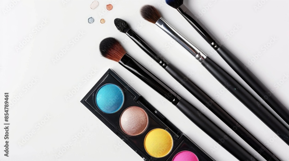 Colorful makeup set on a white background with brushes and palette Colorful makeup set on a white background with brushes and palette