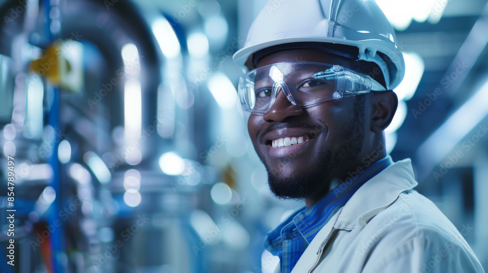 A dark-skinned man in a white helmet stands in a technology industry building. Smiling man in protective clothing at work. Industry concept. A dark-skinned man in a white helmet stands in a technology industry building. Smiling man in protective clothing at work. Industry concept.