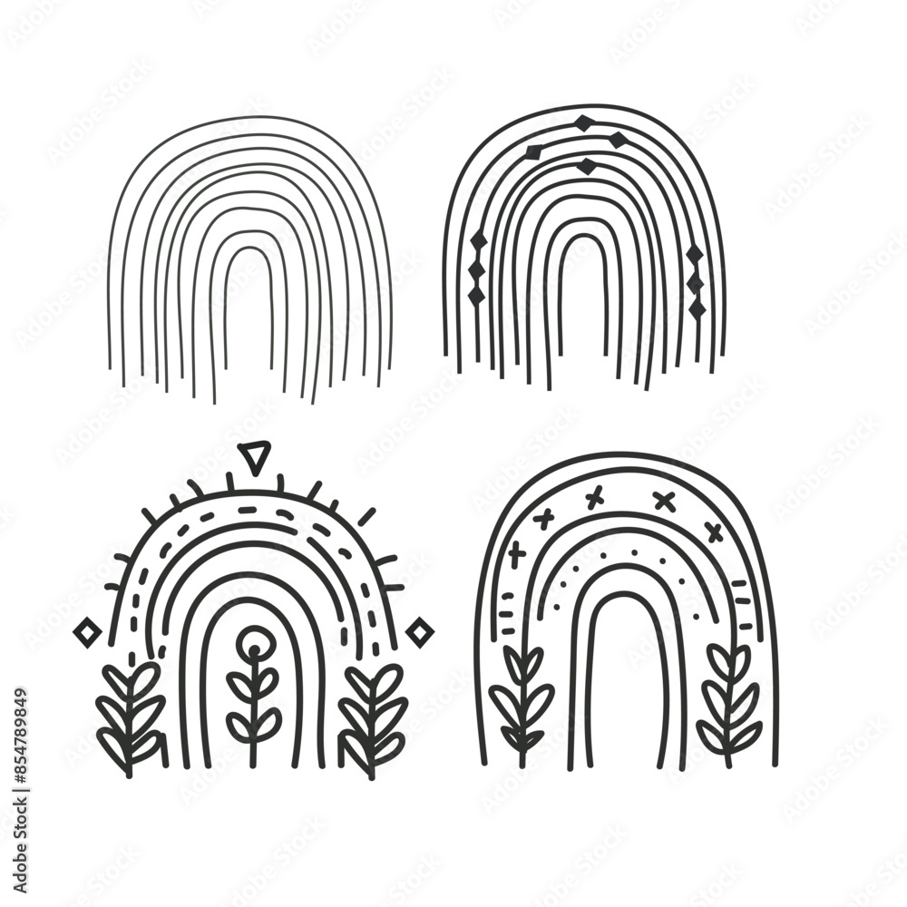Set of rainbow stripe, vector lines and botanical elements, Rainbow wall art illustration. Set of rainbow stripe, vector lines and botanical elements, Rainbow wall art illustration.