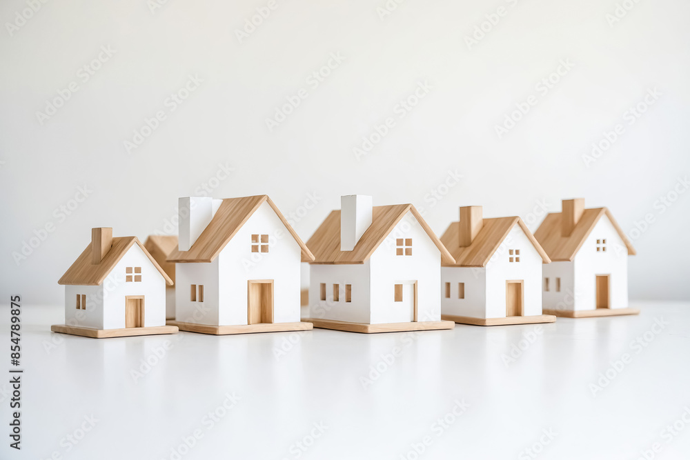 Row of Miniature Wooden Houses on White Background Row of Miniature Wooden Houses on White Background