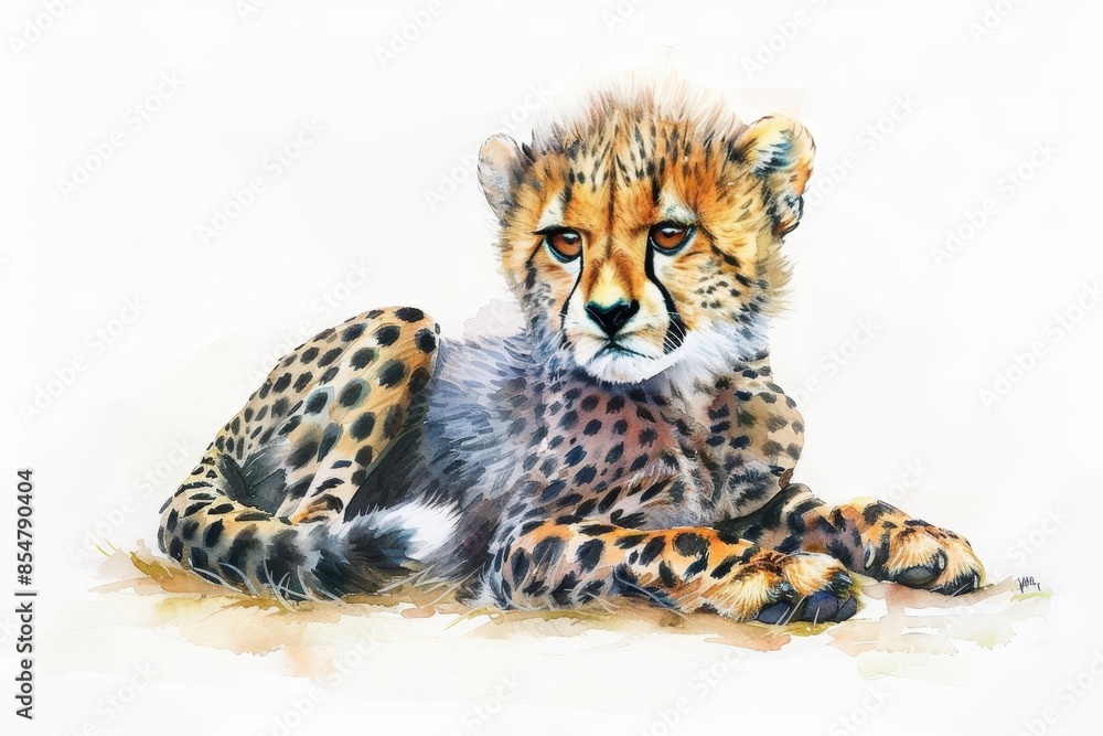 Obraz premium A cheetah cub clipart, playing, watercolor painting, soft and playful colors, isolated on white background
