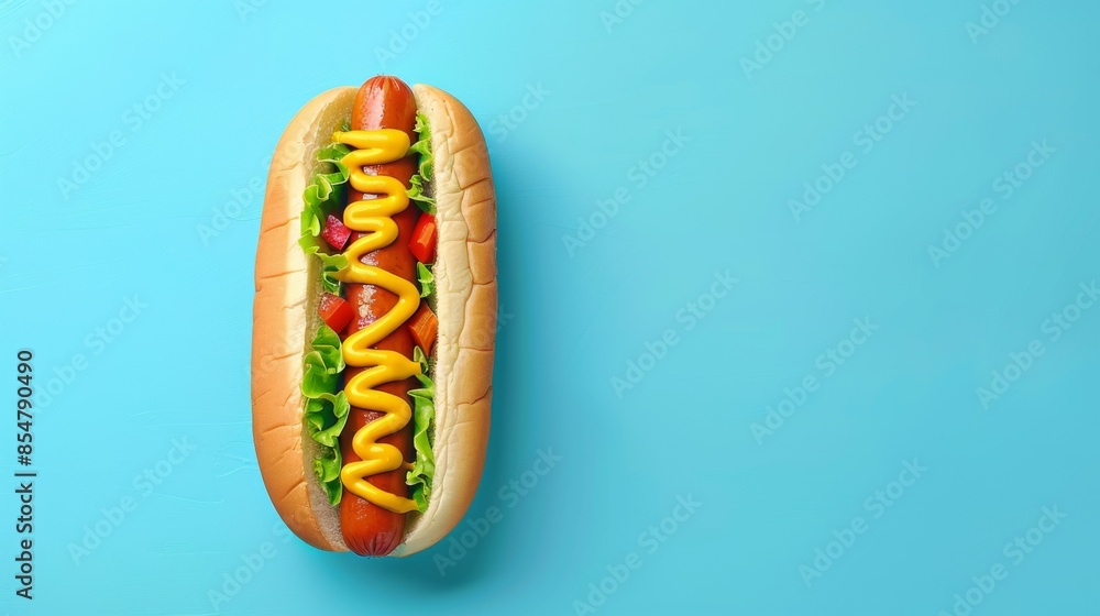 Classic Hotdog: A top down view of a classic hotdog , isolated on a blue background. Classic Hotdog: A top down view of a classic hotdog , isolated on a blue background.