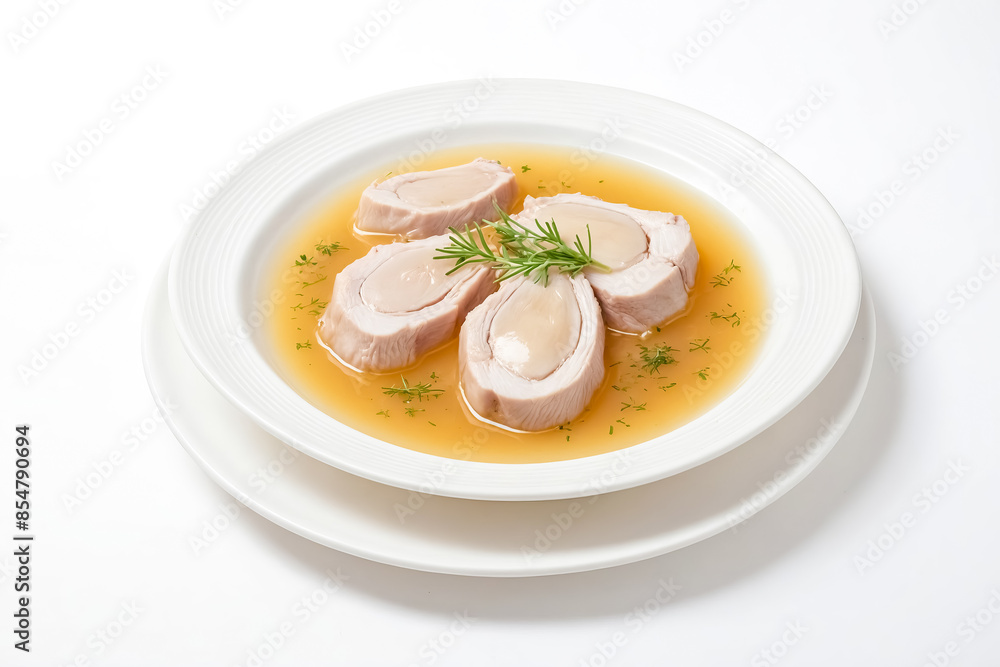 Close up of chicken breast rolls in broth Close up of chicken breast rolls in broth