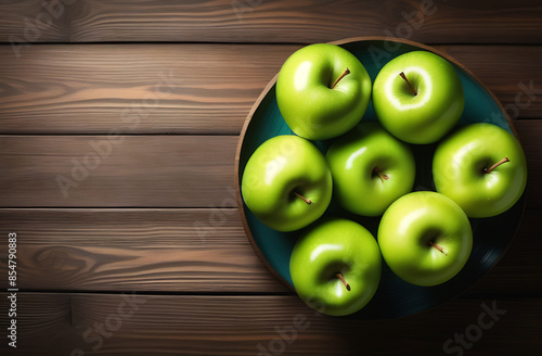 Fresh green apple on blue platen dark wooden background with copy space, free space for text photo
