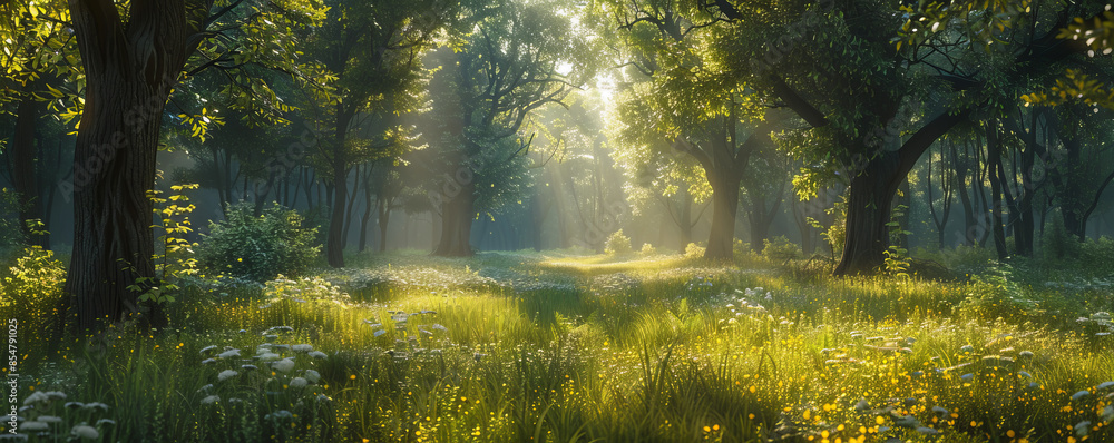 Fototapeta premium A tranquil woodland glade illuminated by dappled sunlight filtering through the trees.