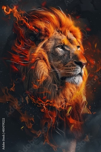 Embers of Dominion: Intense Portrait of a Lion Wrapped in Flames