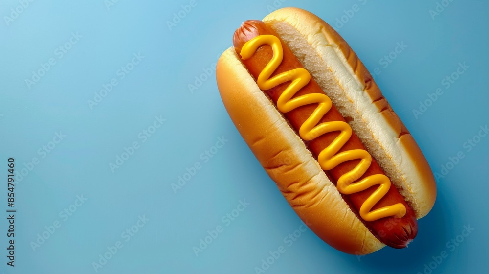 Classic Hotdog: A top down view of a classic hotdog , isolated on a blue background. Classic Hotdog: A top down view of a classic hotdog , isolated on a blue background.