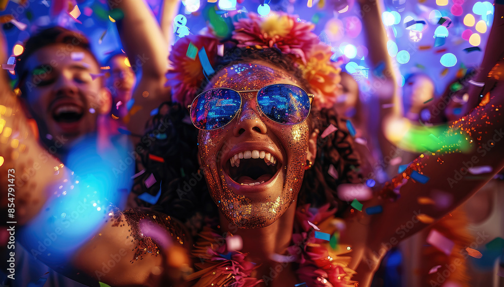 A joyful group of friends celebrating at a party with bright lights and decorations. Generative AI. A joyful group of friends celebrating at a party with bright lights and decorations. Generative AI.
