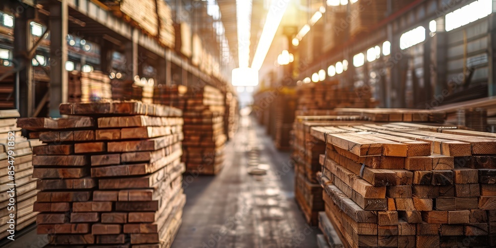 Stacks of Lumber in a Warehouse with Sun Rays Streaming In Stacks of Lumber in a Warehouse with Sun Rays Streaming In