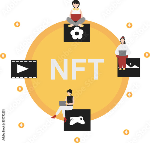 Cryptocurrency blockchain flat design illustration, NFT, Bitcoin Mining, Modern flat cartoon style. Vector illustration on white background