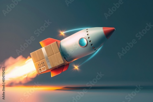 3D render of rocket flying with cardboard box, fast delivery concept
