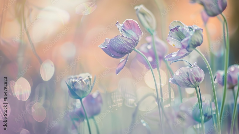 Obraz premium Delicate Victorian garden blooms, macro perspective, soft dawn light, lively colors, tranquil 