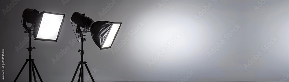 Two studio lights on tripods against a white backdrop. Two studio lights on tripods against a white backdrop.