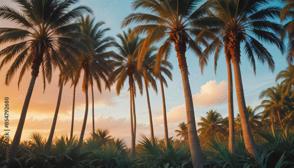beautiful view of coconut trees at dusk beautiful view of coconut trees at dusk