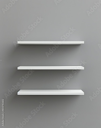 Simple white shelf with three levels on a gray wall photo