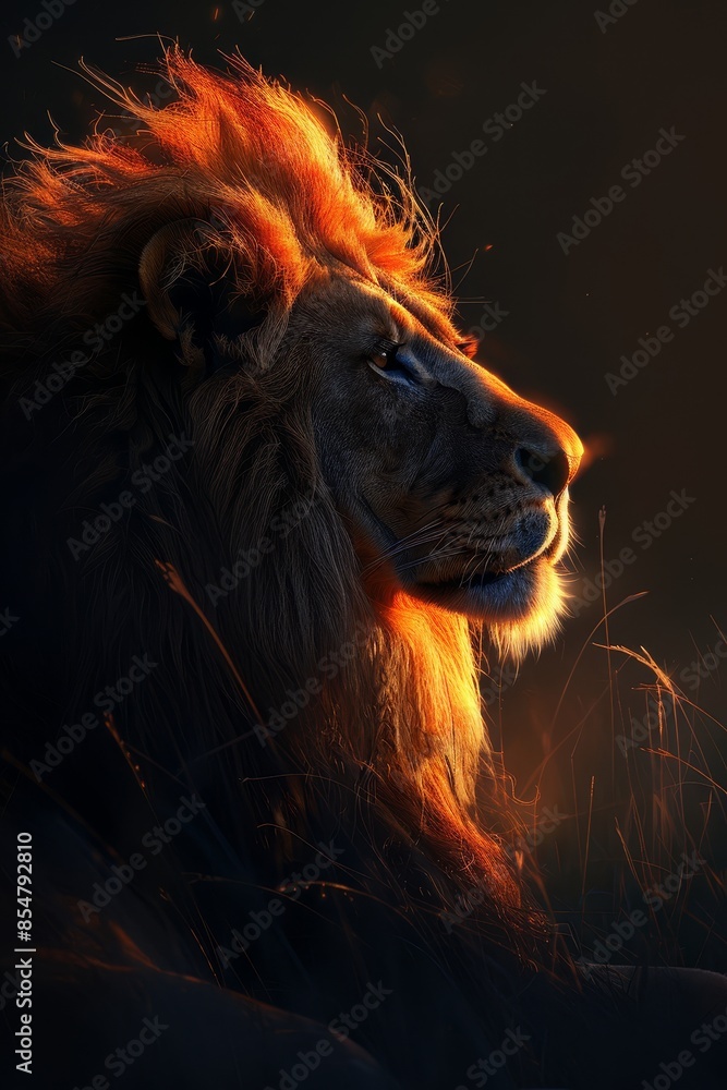 Naklejka premium Ember Monarch: Majestic Lion Bathed in Sunset's Glow
