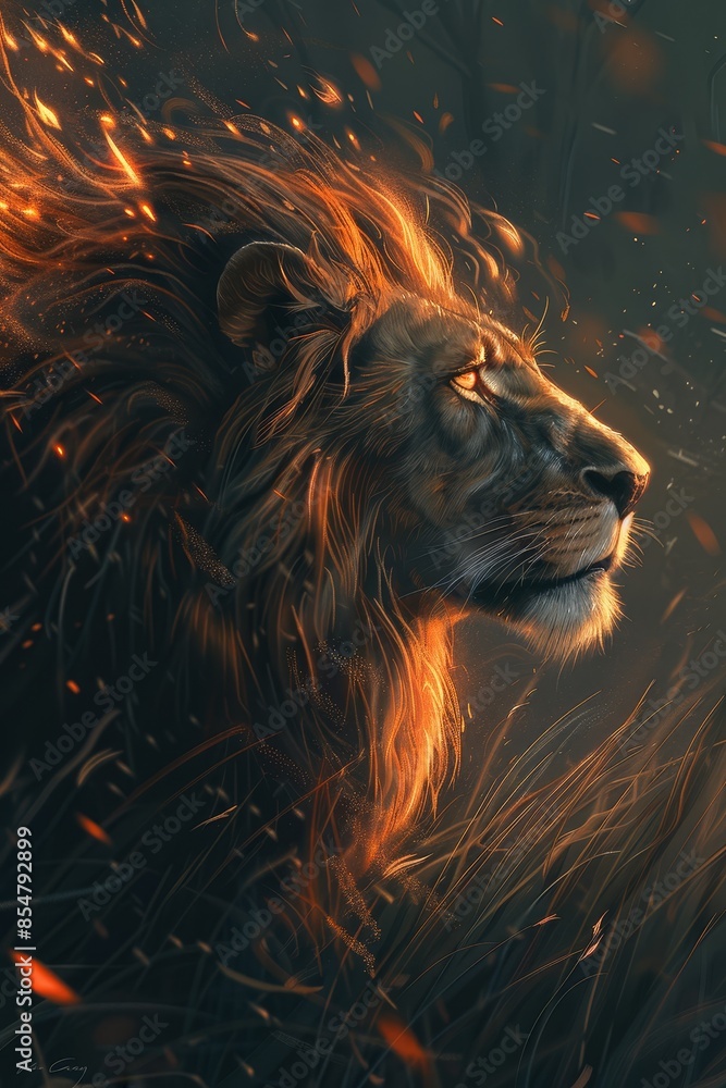 Naklejka premium Ember Monarch: Majestic Lion Bathed in Sunset's Glow