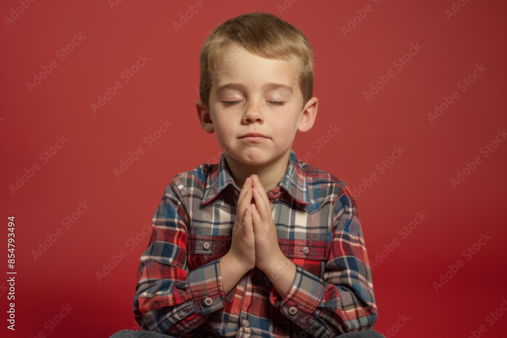a young Caucasian boy praying with his hands folded: He sits with his hands folded in his lap, eyes closed and a peaceful expression on his face on a red studio backdrop a young Caucasian boy praying with his hands folded: He sits with his hands folded in his lap, eyes closed and a peaceful expression on his face on a red studio backdrop