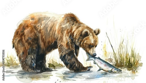 A bear clipart, catching a fish, watercolor illustration, natural colors, isolated on white background