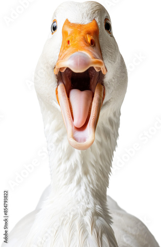 Сlose-up of surprised white duck looking directly at the camera, its mouth open as if quacking or greeting