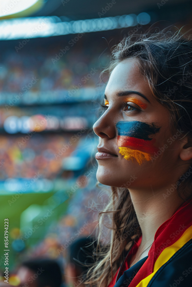 A woman with German flag face paint looks focused while attending a sports event in a stadium A woman with German flag face paint looks focused while attending a sports event in a stadium