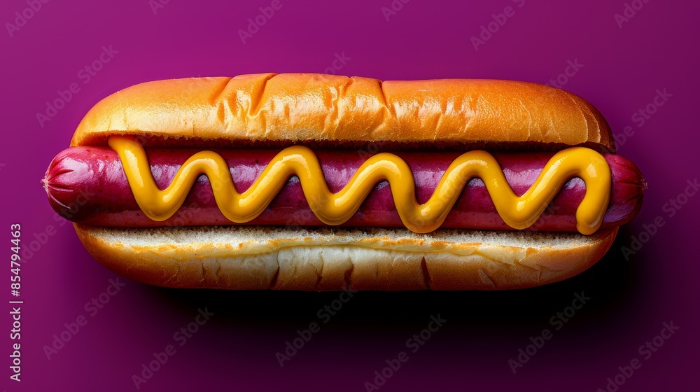 Classic Hotdog: A top down view of a classic hotdog , isolated on a purple surface. Classic Hotdog: A top down view of a classic hotdog , isolated on a purple surface.